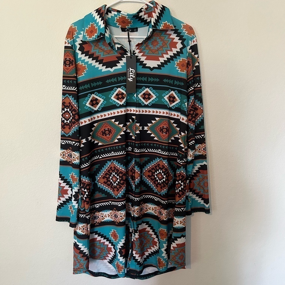 NWT LILY By FIRMIANA LARGE Western/equestrian/cowgirl tunic/dress button down